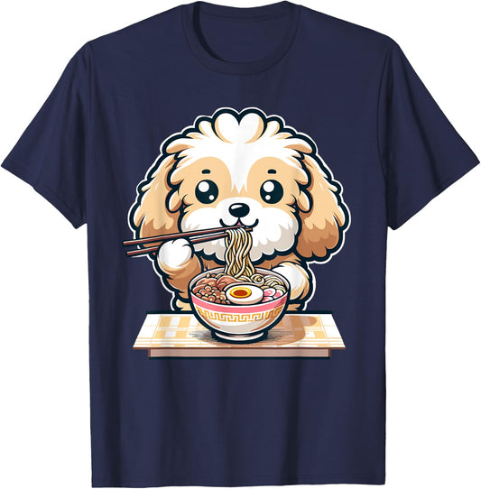 Cute Kawaii Cockapoo Eating Ramen Noodles Food Dog Lovers T-Shirt - T-Shirt | Navy