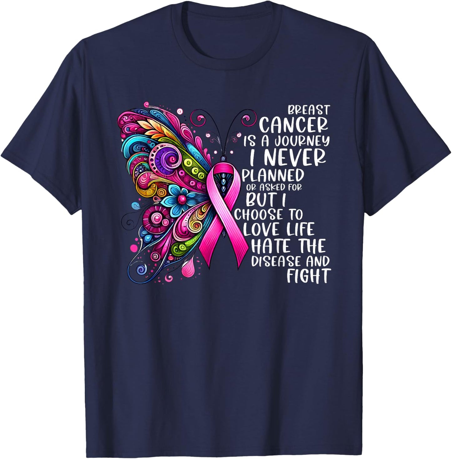 Support Fighter Warrior Pink Vibes Gifts Women Butterfly Breast Cancer Awareness Pink Ribbon Cancer Journey T-Shirt - T-Shirt | Navy