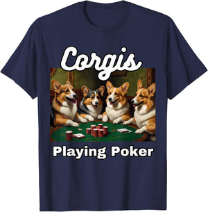 Dogs Playing Poker Corgis Dog Welsh Corgi T-Shirt - T-Shirt | Navy