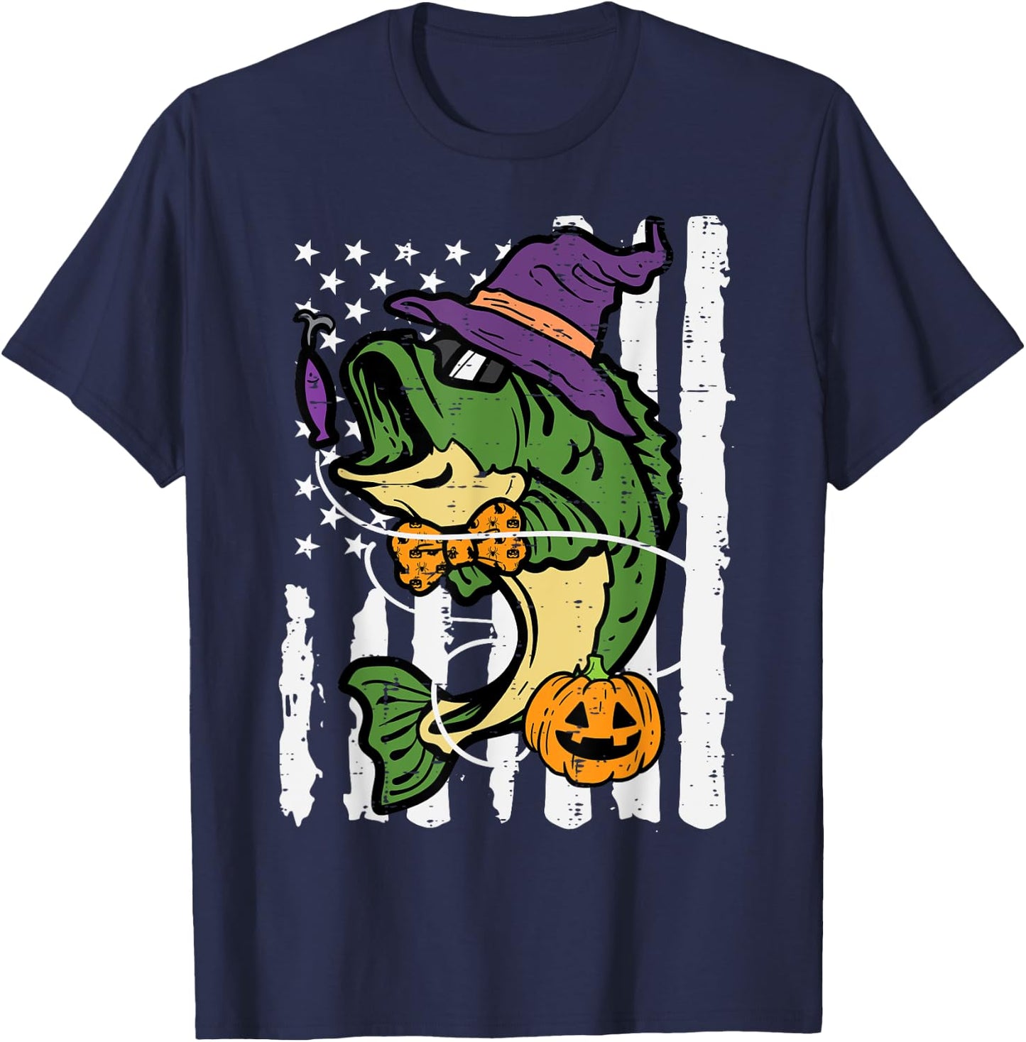 Halloween Bass Fish US Flag Costume Patriot Men Kids Women T-Shirt - T-Shirt | Navy