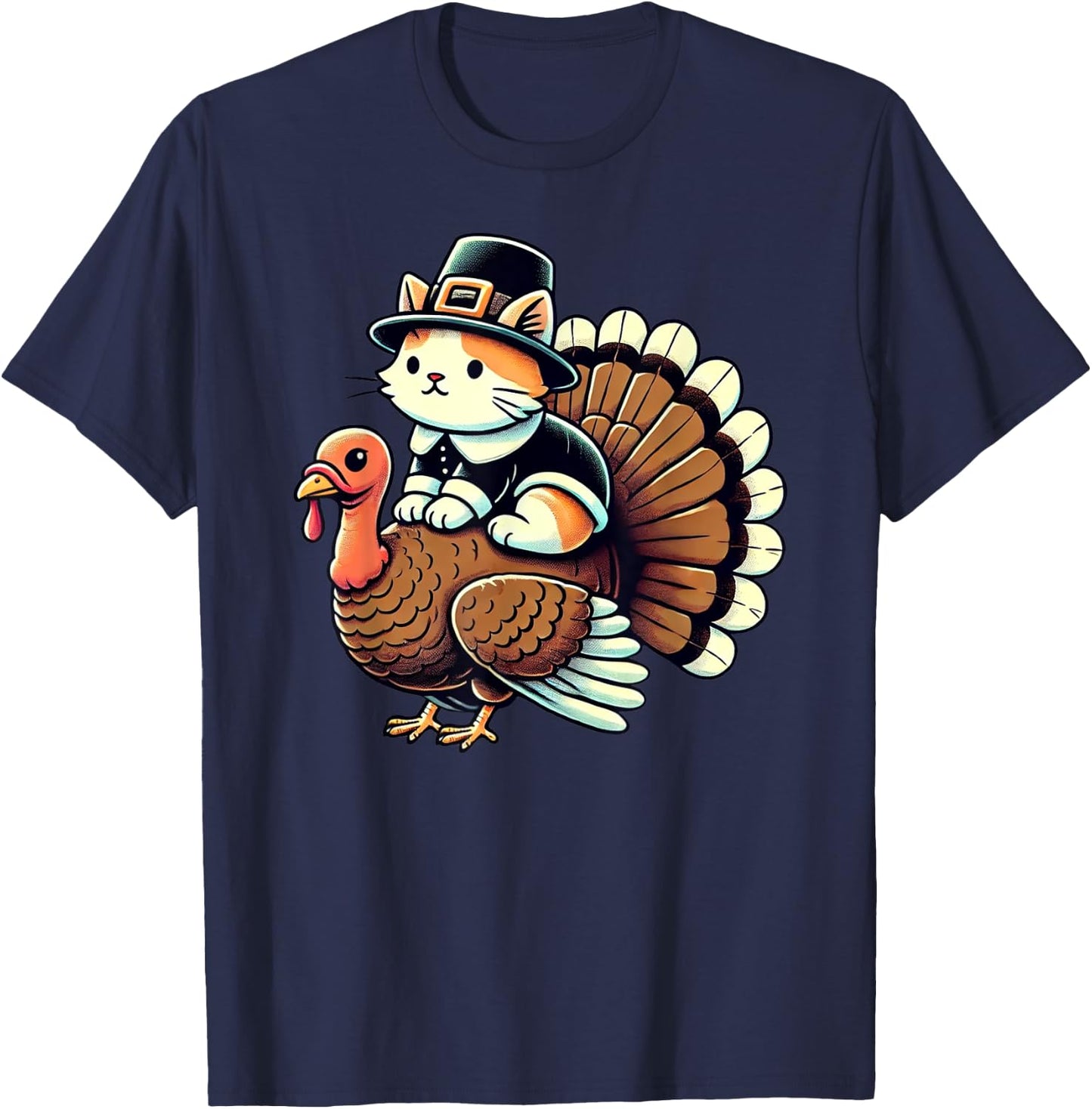 Pilgrim Cat Costume On Turkey Funny Thanksgiving Turkey T-Shirt - T-Shirt | Navy