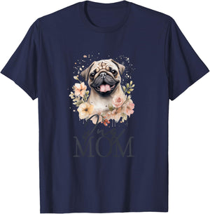 Pug Mom Cute Vintage Flowers Floral Dog Mom T-Shirt - T-Shirt | Navy