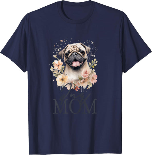 Pug Mom Cute Vintage Flowers Floral Dog Mom T-Shirt - T-Shirt | Navy