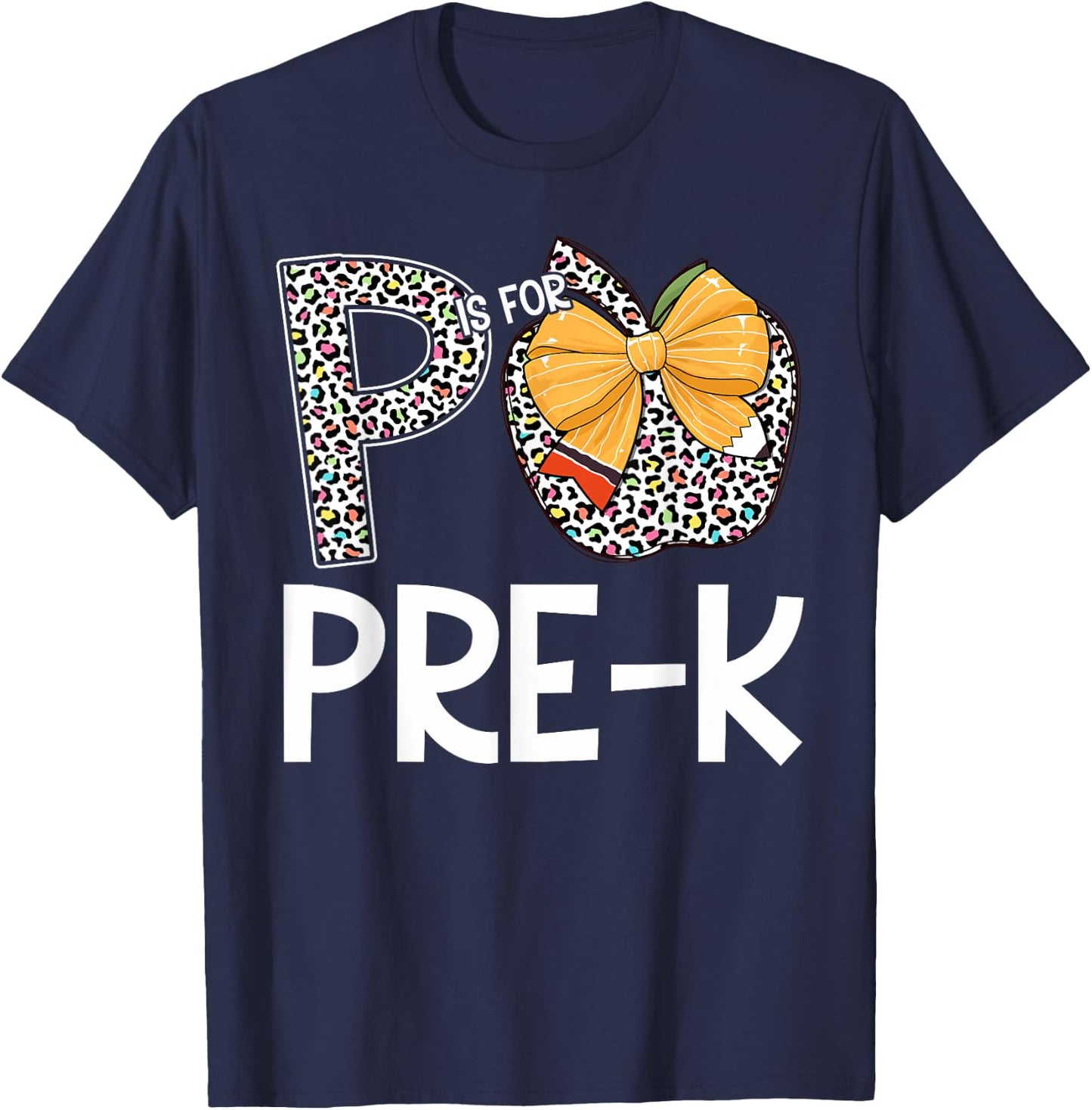 P Is For Pre-K Teacher Leopard Apple Back To School T-Shirt - T-Shirt | Navy