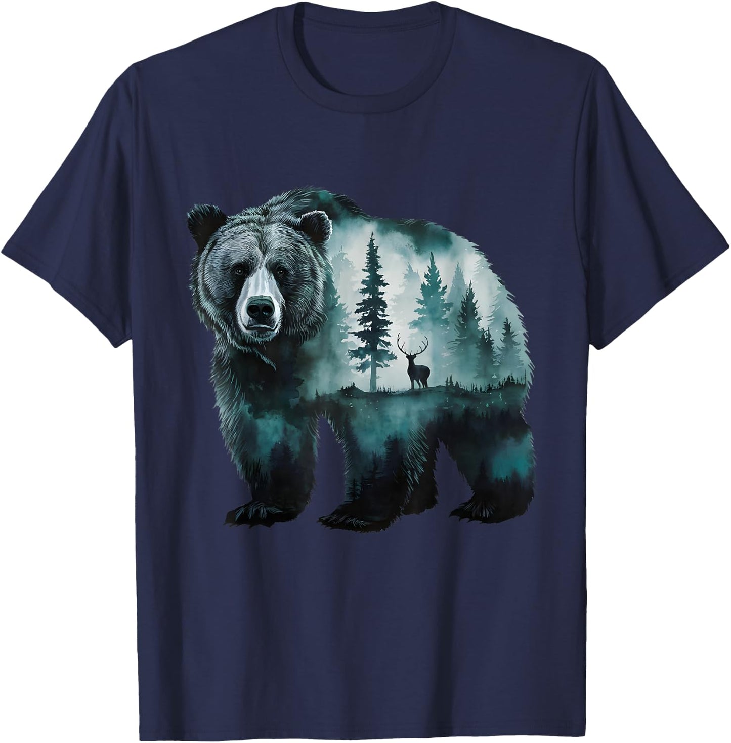 Majestic Grizzly Bear Deer Forest Scenic Nature Wildlife Art T-Shirt - T-Shirt | Navy