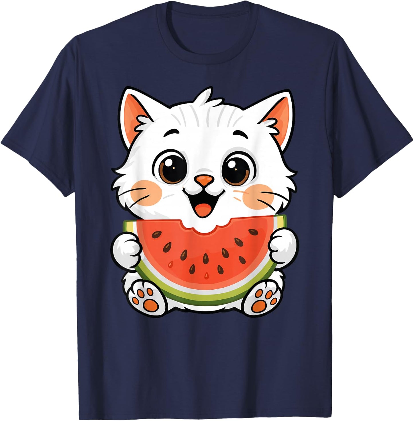 Kawaii Cat Eating Watermelon Summer Fruit Cat Lover T-Shirt - T-Shirt | Navy