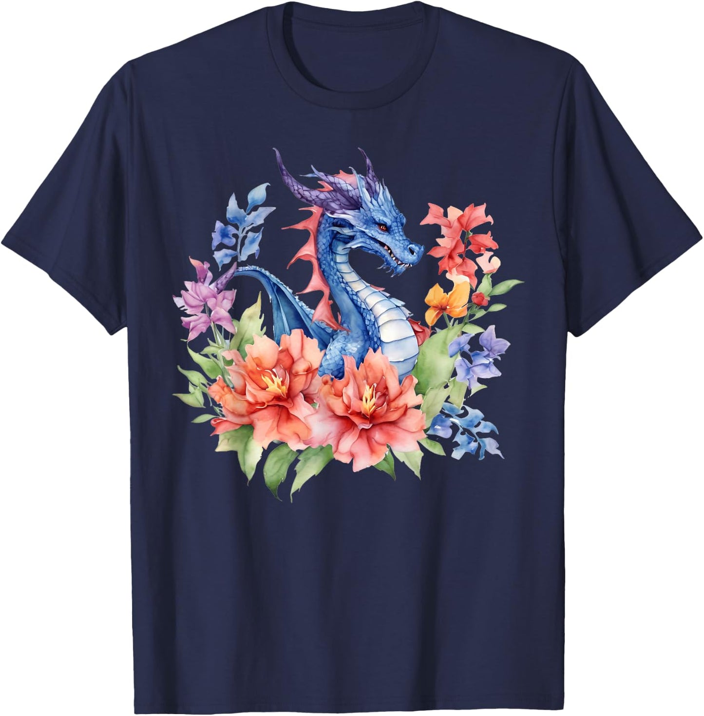 Watercolor Dragon Flowers Beautiful Art Colorful Graphic T-Shirt - T-Shirt | Navy