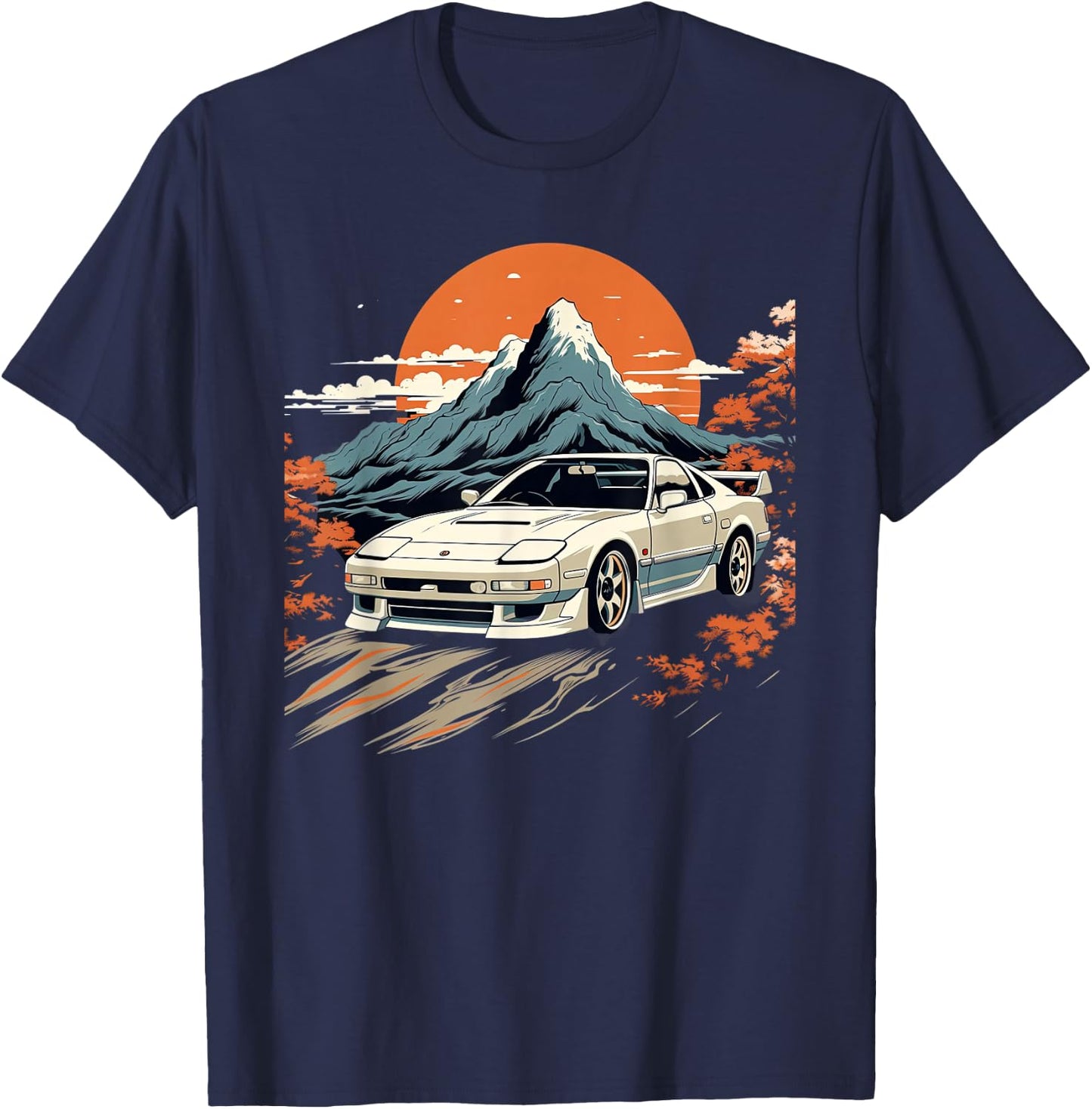 Retro Japanese Drift Car Racing Mount Fuji Sunset Scene T-Shirt - T-Shirt | Navy