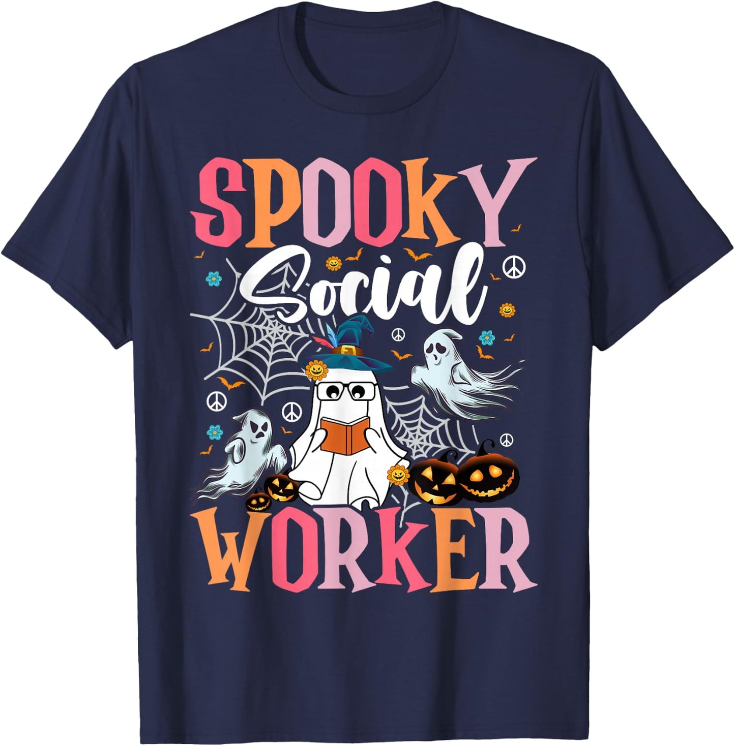 Groovy Retro Ghost Spooky Social Worker Halloween Costume T-Shirt - T-Shirt | Navy