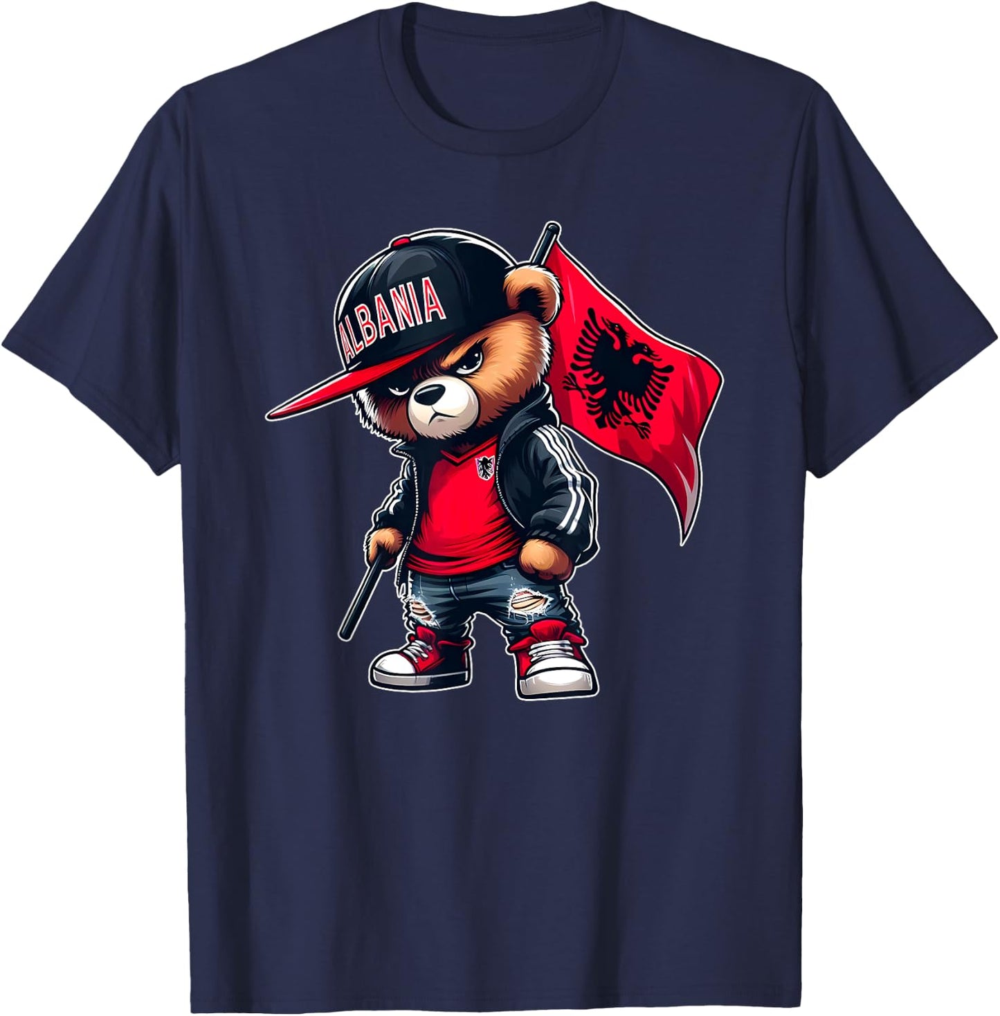 Teddy Bear Albania Flag Albanian Eagle Shqiponja Dykrenare T-Shirt - T-Shirt | Navy