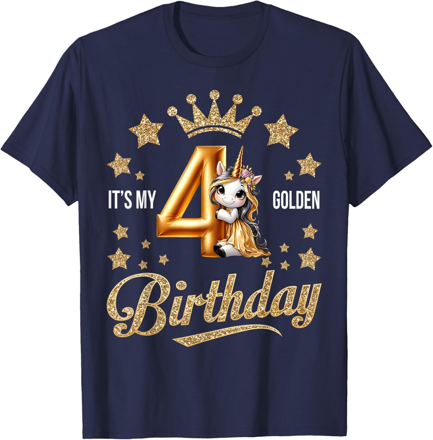 It's My 4th Golden Birthday 4 Year Old Bday Kids Groovy T-Shirt - T-Shirt | Navy