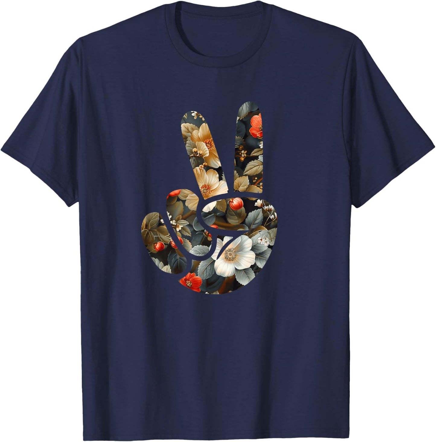 Elegant Silhouette Wildflowers Floral Peace Sign Hand T-Shirt - T-Shirt | Navy