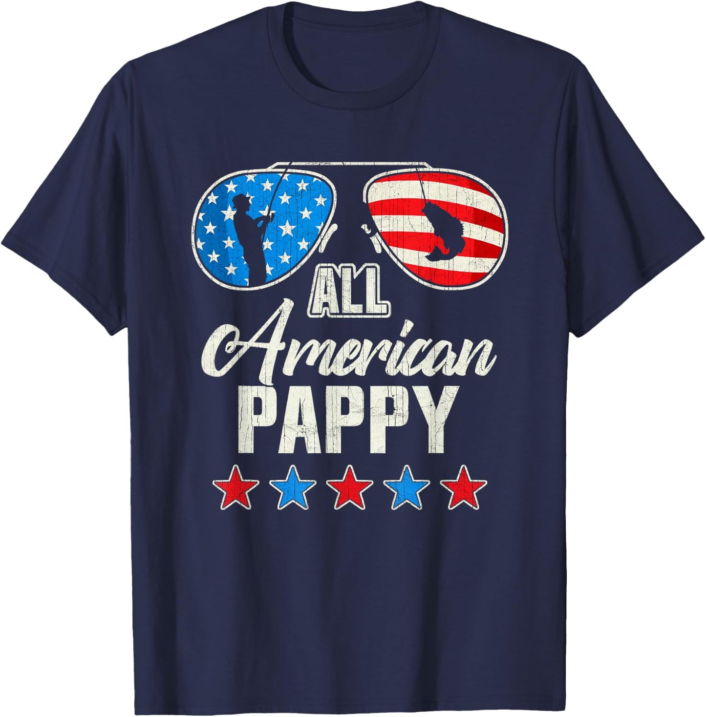 All American Fishing Pappy 4th Of July US Flag Sunglasses T-Shirt - T-Shirt | Navy