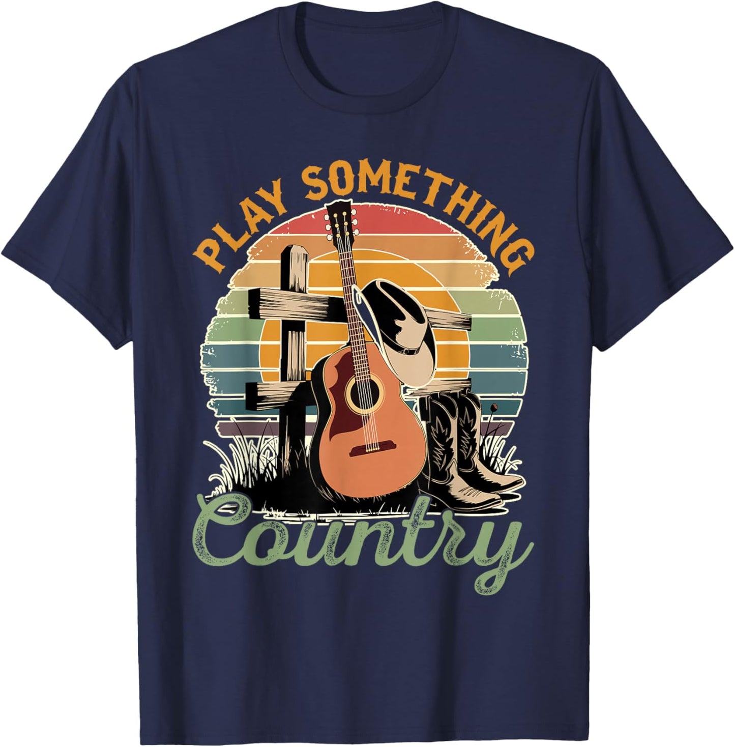 Funny Loves Country Music Country Music Festival Play Something Country -Adults Black Small Modern Classic U-Neck Short Sleeve T-Shirt - T-Shirt | Navy