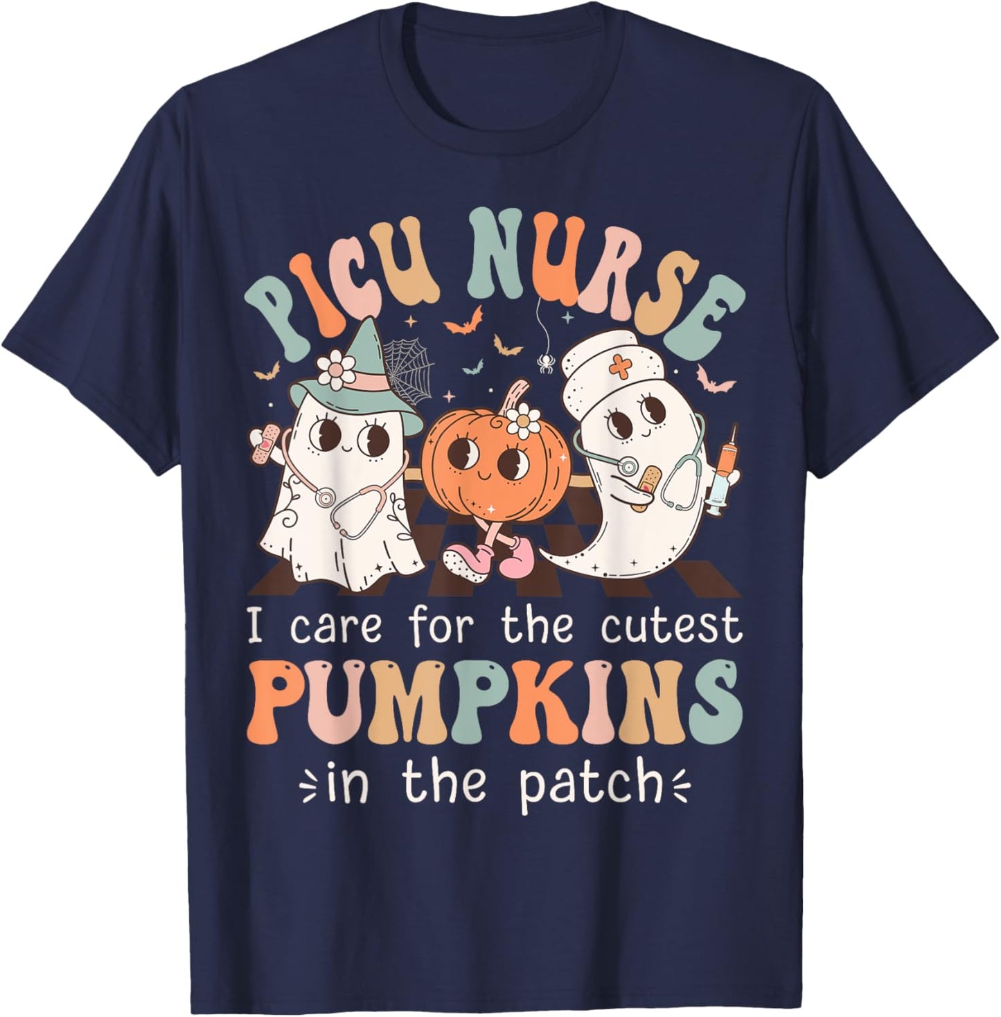 Groovy PICU Nurse Halloween Costume Ghost Peds Nurse T-Shirt - T-Shirt | Navy