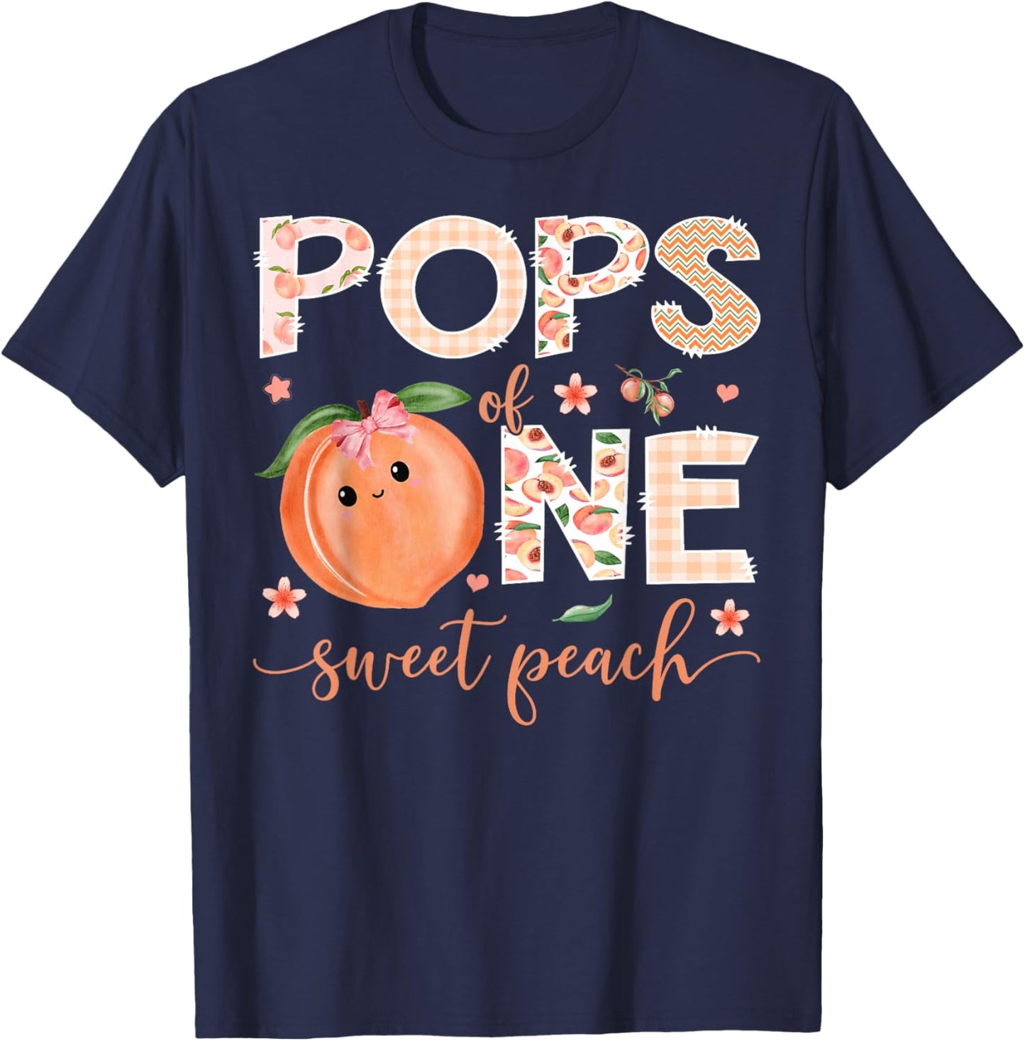 Pops of One Sweet Peach 1st Birthday Girl Party T-Shirt - T-Shirt | Navy