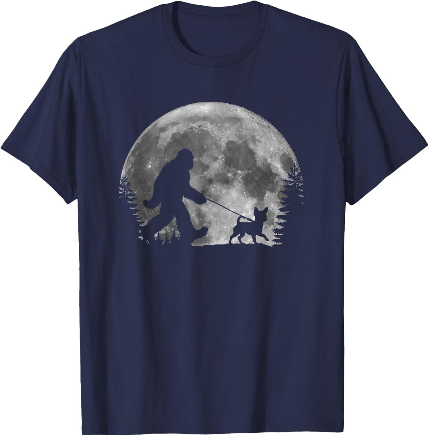 Bigfoot Walking a Dog Funny Chihuahua Lovers Moon Halloween Men Women Kids T-Shirt - T-Shirt | Navy