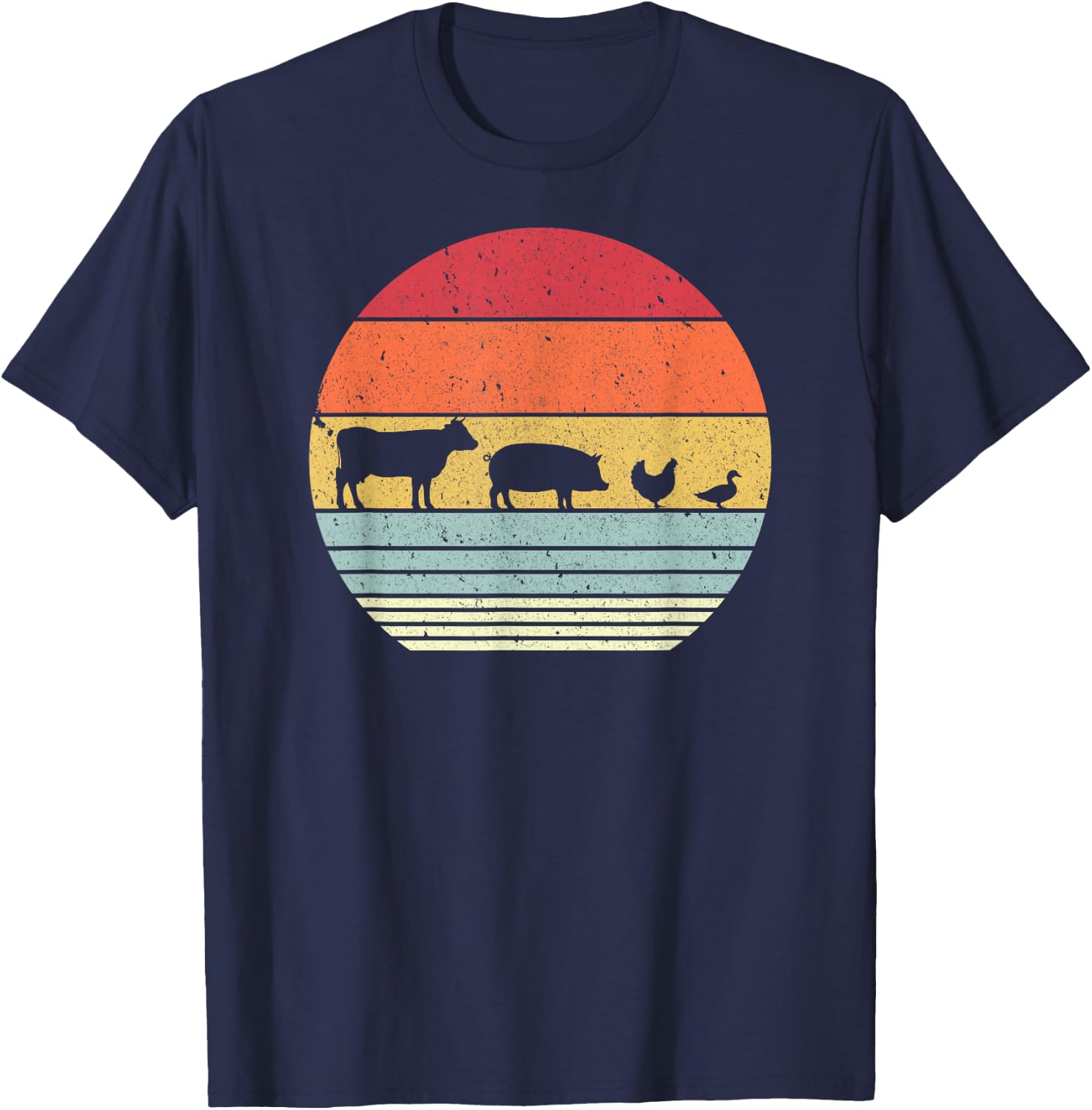 Farm Animals Shirt. Retro Cow, Pig, Chicken & Duck T-Shirt - T-Shirt | Navy