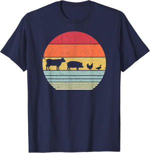 Farm Animals Shirt. Retro Cow, Pig, Chicken & Duck T-Shirt - T-Shirt | Navy