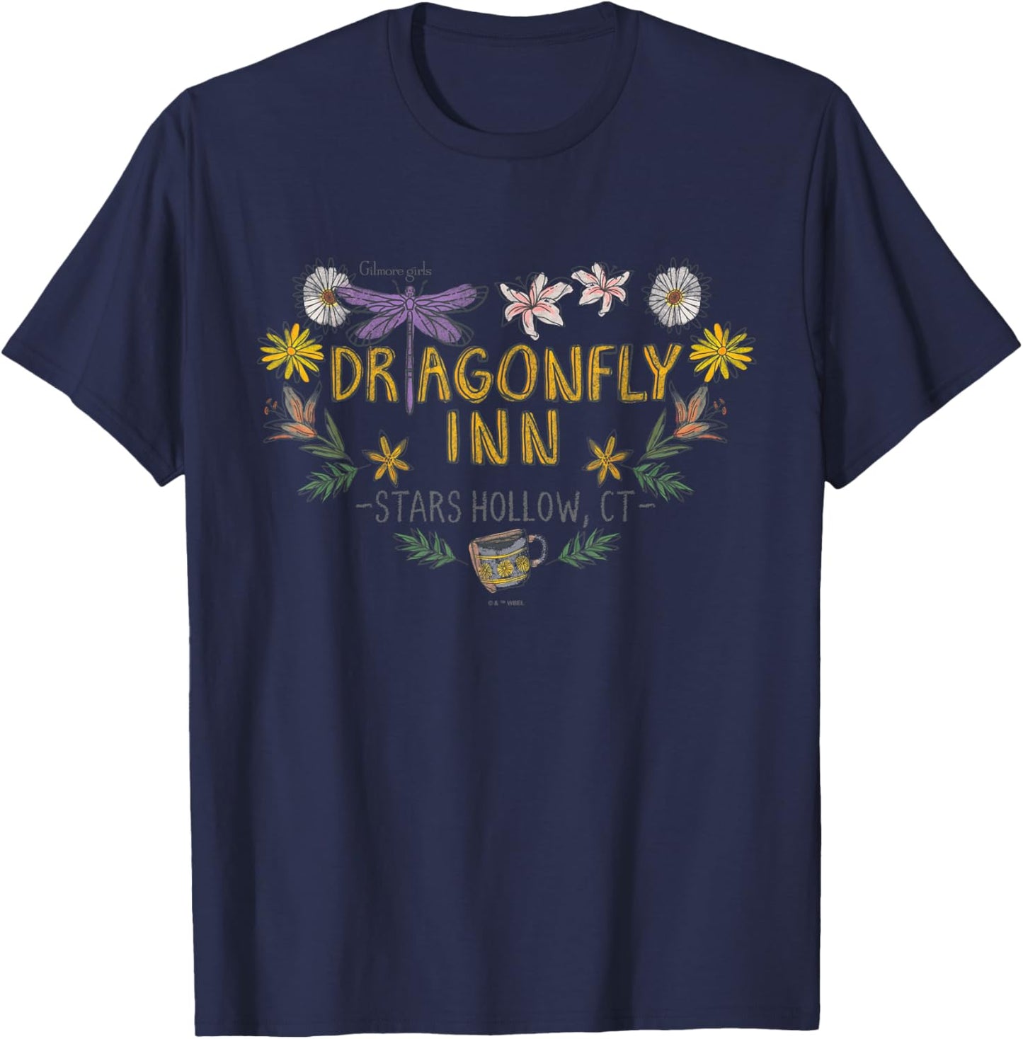 Gilmore Girls Dragon Fly Inn Chalk Floral Heart T-Shirt - T-Shirt | Navy