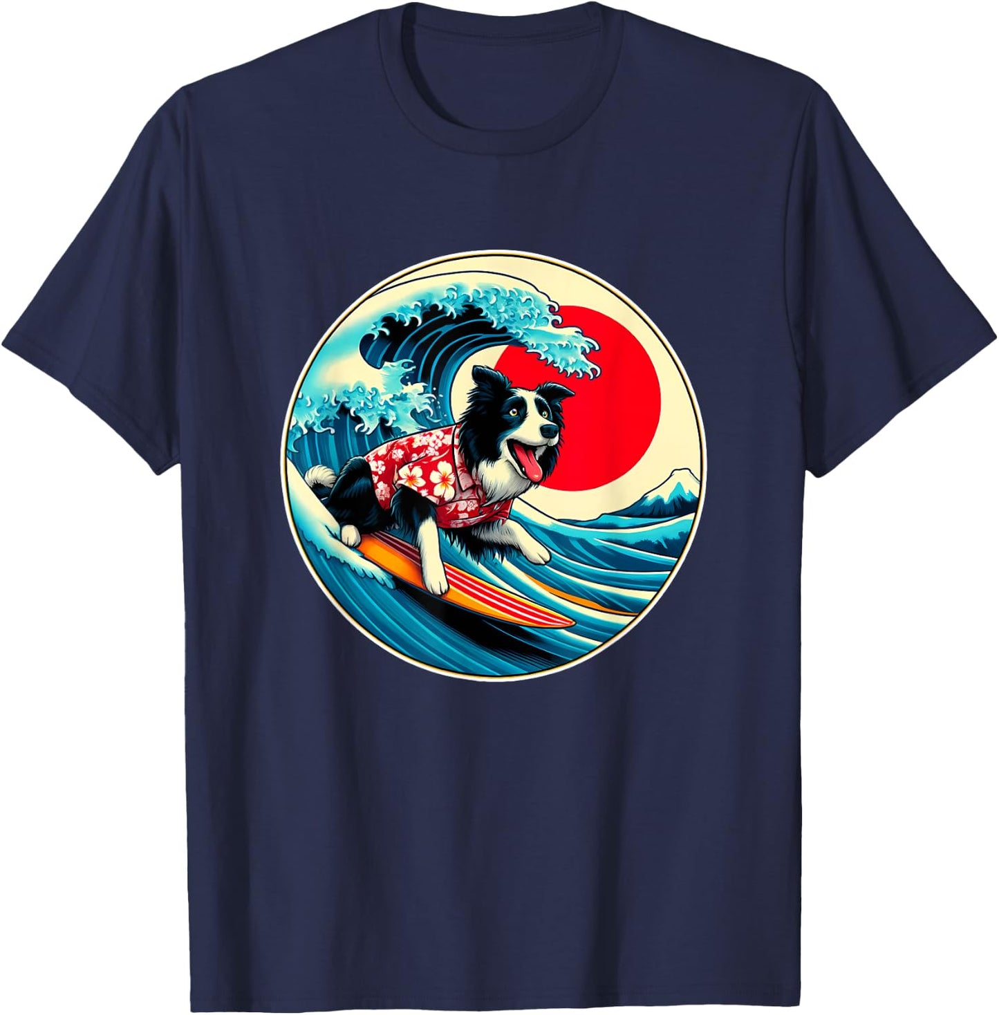 Great Wave Kanagawa Border Collie dog Surfing Women Kids T-Shirt - T-Shirt | Navy