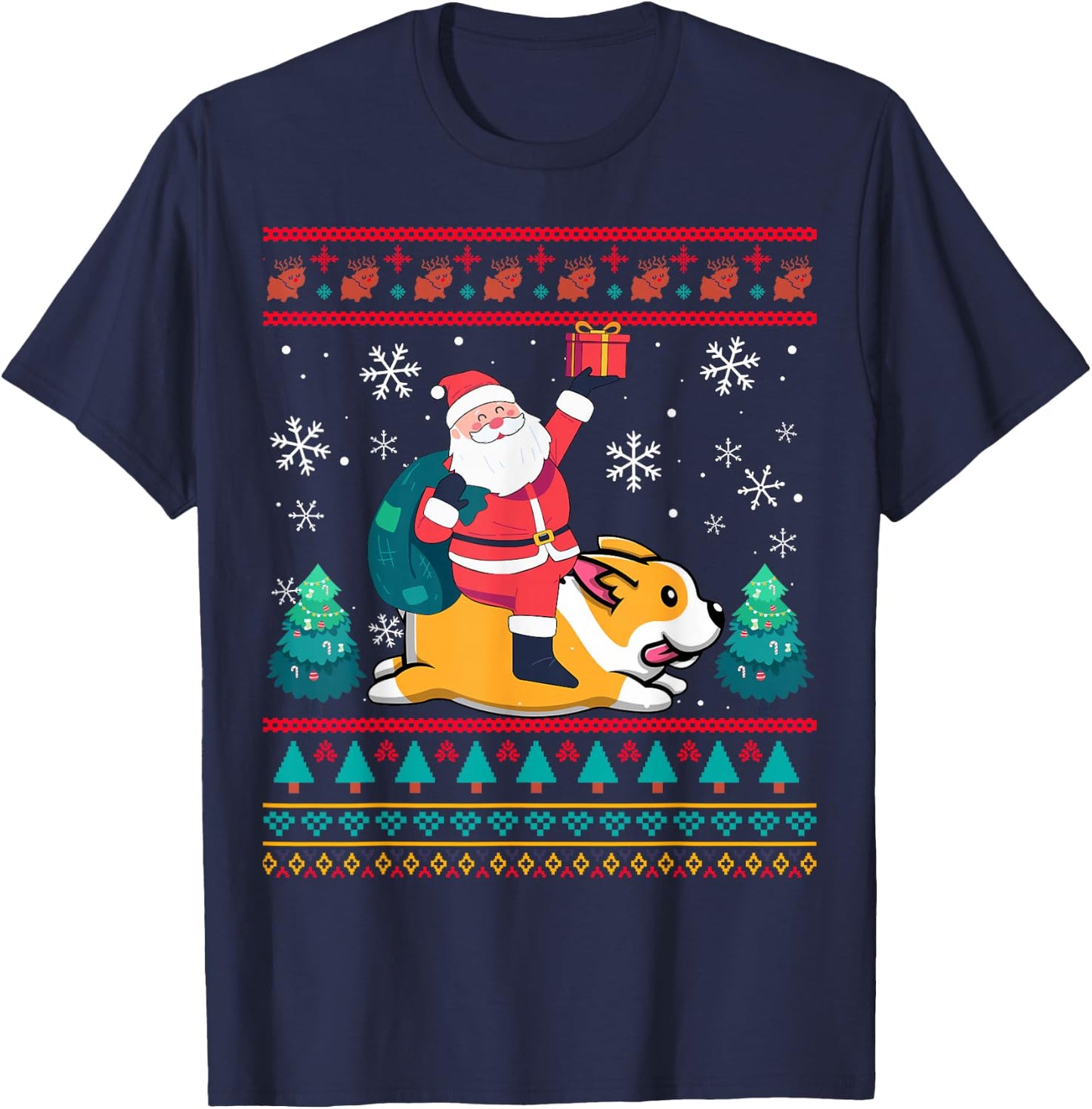 Xmas Sweater Ugly Santa Riding Corgi Dog Christmas Women Kids T-Shirt - T-Shirt | Navy