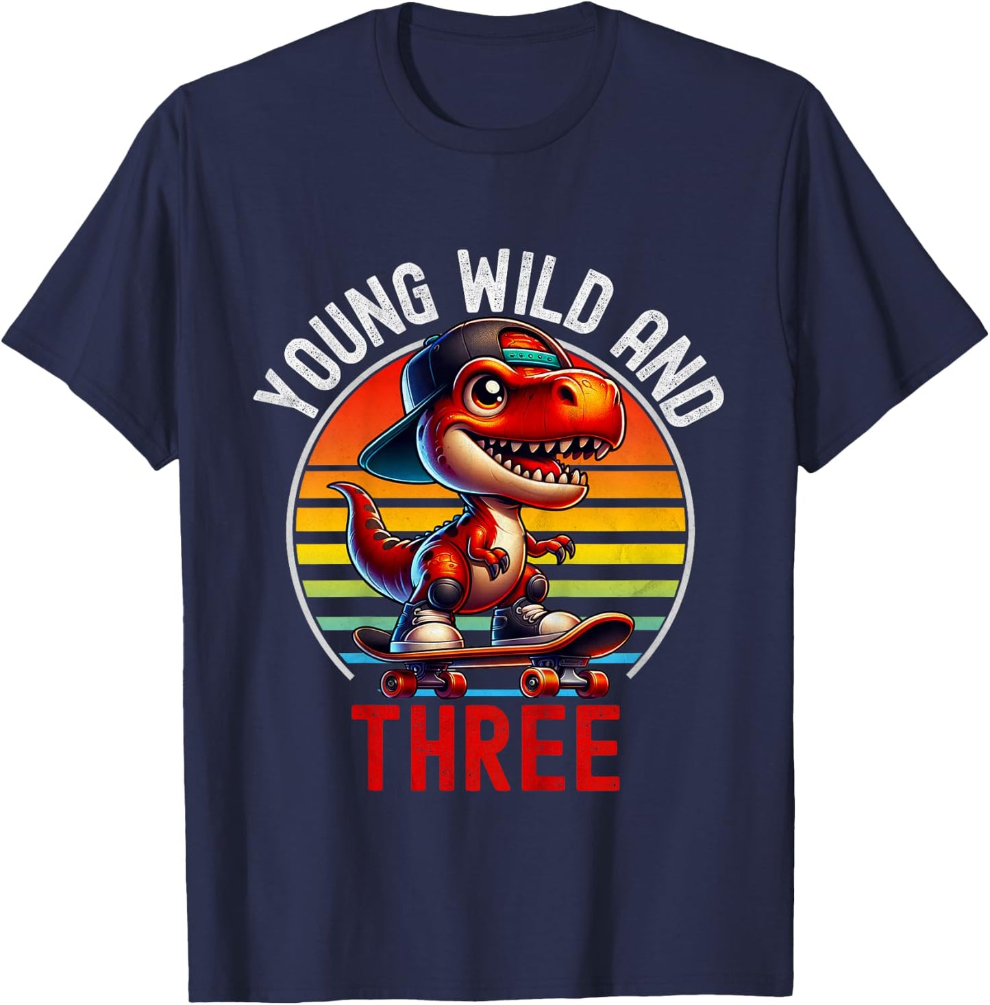 Kids Young Wild & Three T-Rex 3rd Birthday Retro skater Dinosaur T-Shirt - T-Shirt | Navy