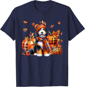 Bernedoodle Thanksgiving Leopard Pumpkins Fall Leaves Lover T-Shirt - T-Shirt | Navy
