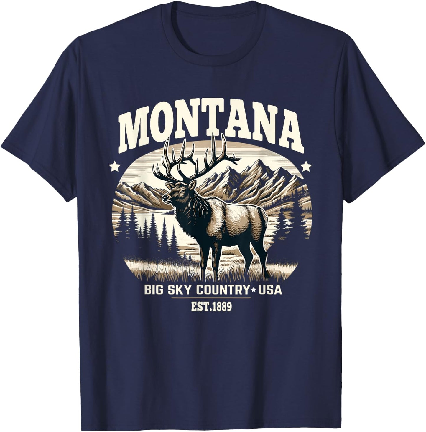 Montana Rocky Mountain Elk, Big Sky Country Design T-Shirt - T-Shirt | Navy