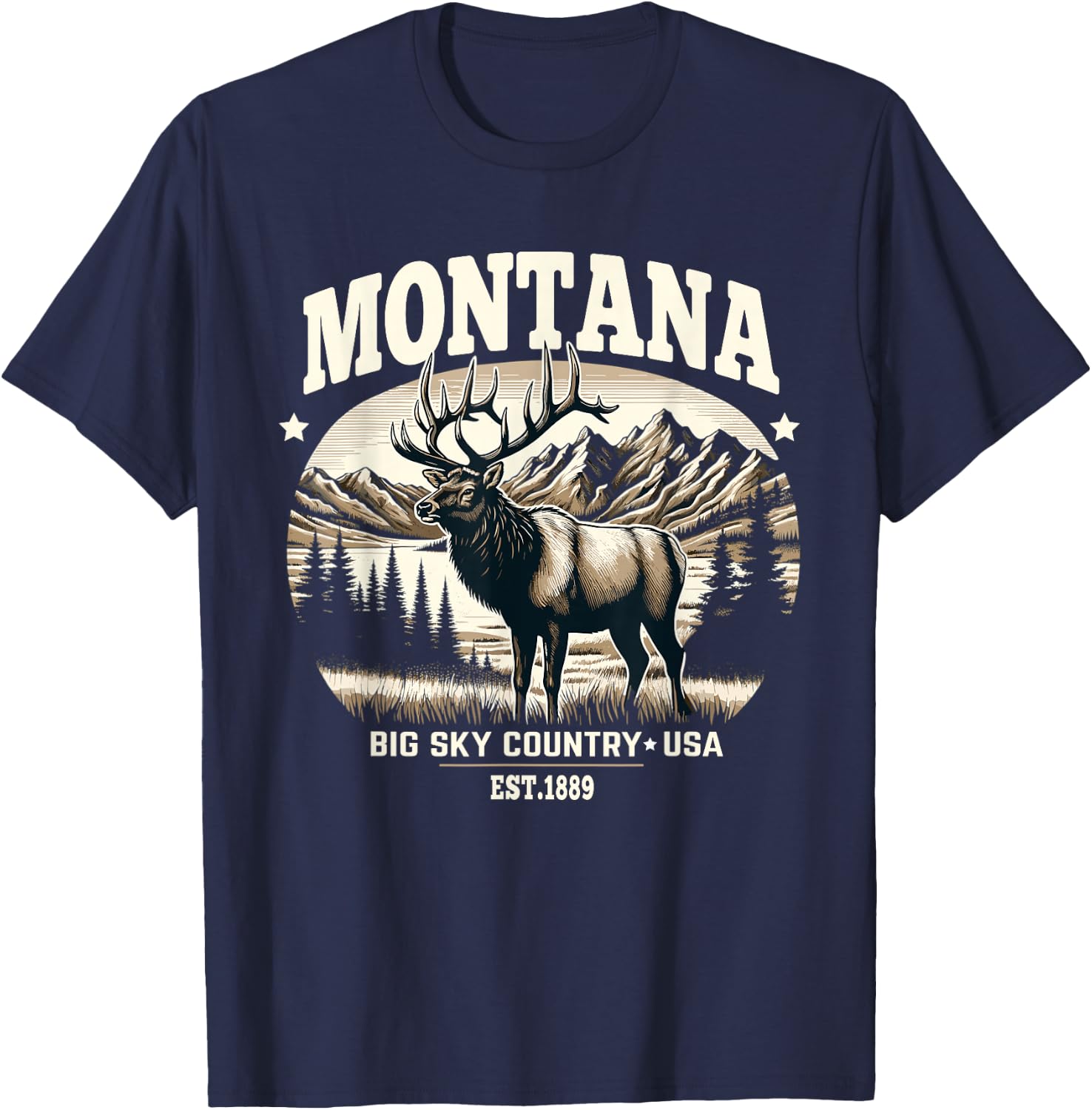 Montana Rocky Mountain Elk, Big Sky Country Design T-Shirt - T-Shirt | Navy