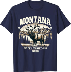 Montana Rocky Mountain Elk, Big Sky Country Design T-Shirt - T-Shirt | Navy