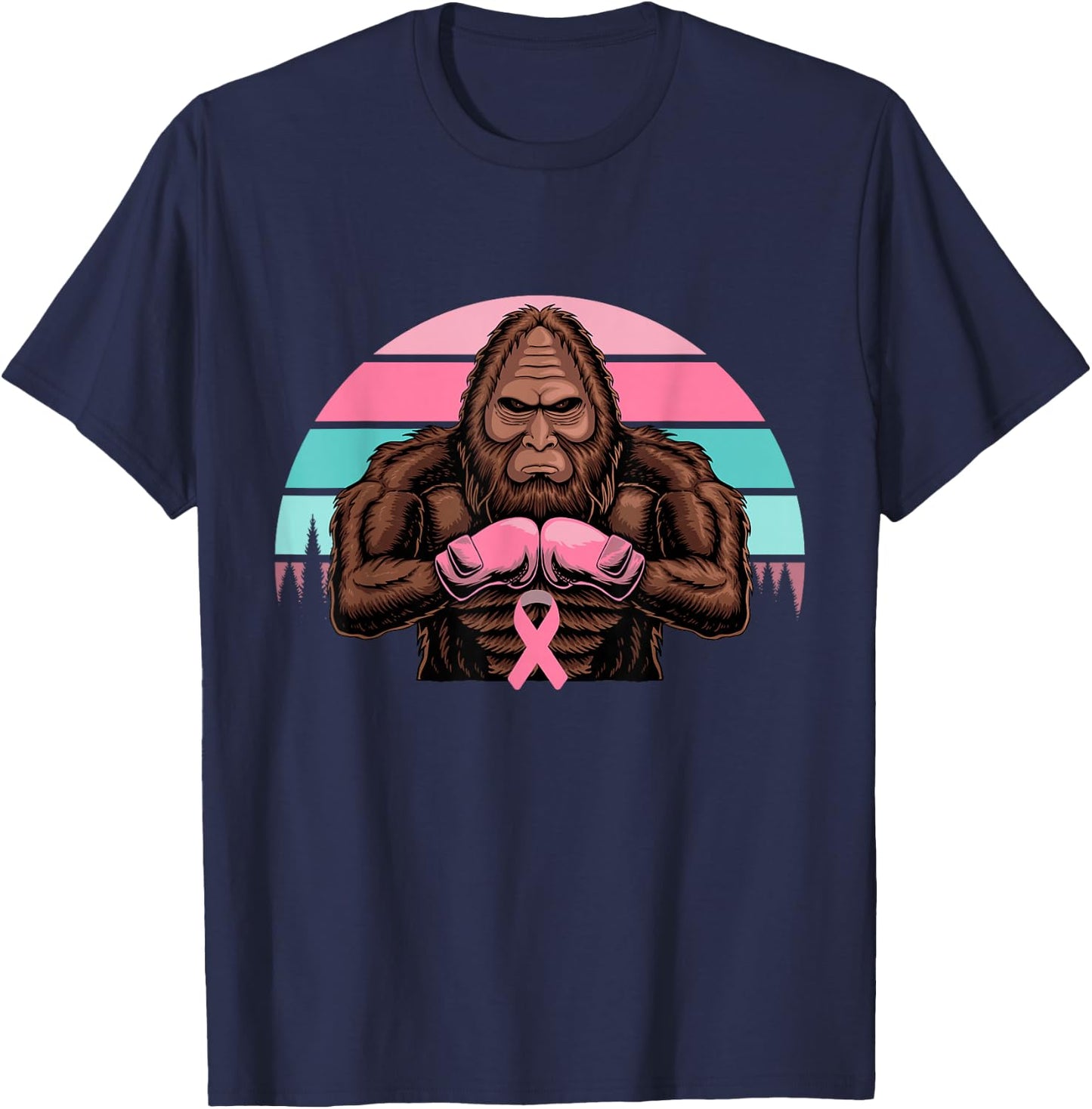 Bigfoot Boxing Pink Ribbon Breast Cancer Awareness Retro T-Shirt - T-Shirt | Navy