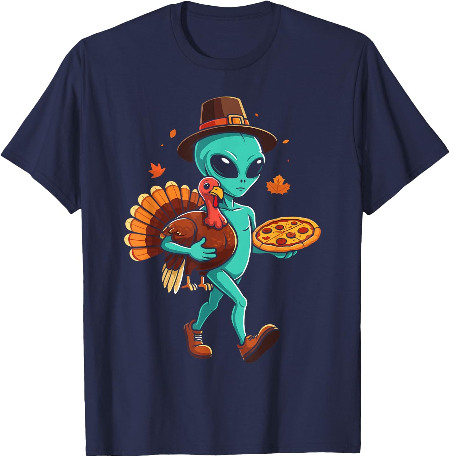 Alien turkey pizza thanksgiving day fall alien pilgrim T-Shirt - T-Shirt | Navy