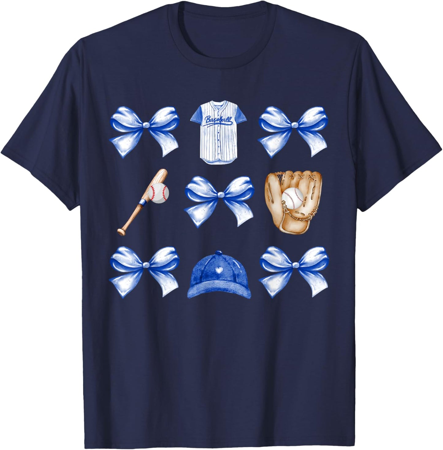 Baseball Game Day Blue Coquette Bow Baseball Mom Retro T-Shirt - T-Shirt | Navy