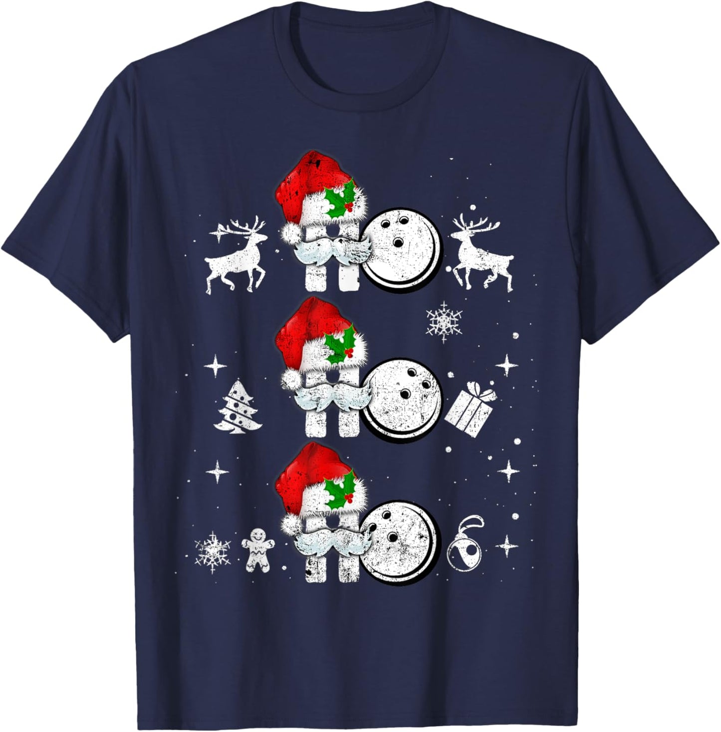 Christmas Bowling Ball Ho Ho Xmas Sports Reindeer Santa Hat T-Shirt - T-Shirt | Navy