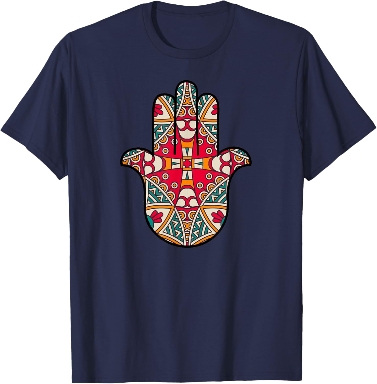 Hamsa Hand, Hamesh, Hand of Miriam Mandala Pattern T-Shirt - T-Shirt | Navy
