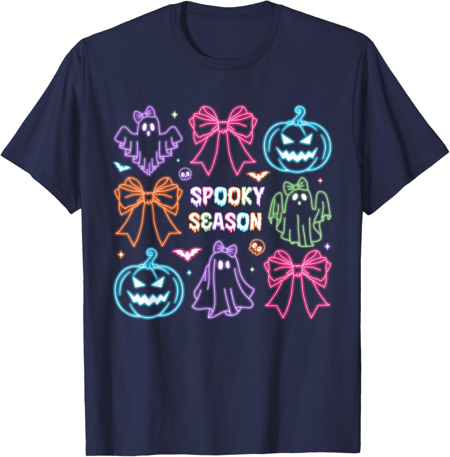 Spooky Season Cute Ghost Neon Halloween Neon Lights Costume T-Shirt - T-Shirt | Navy