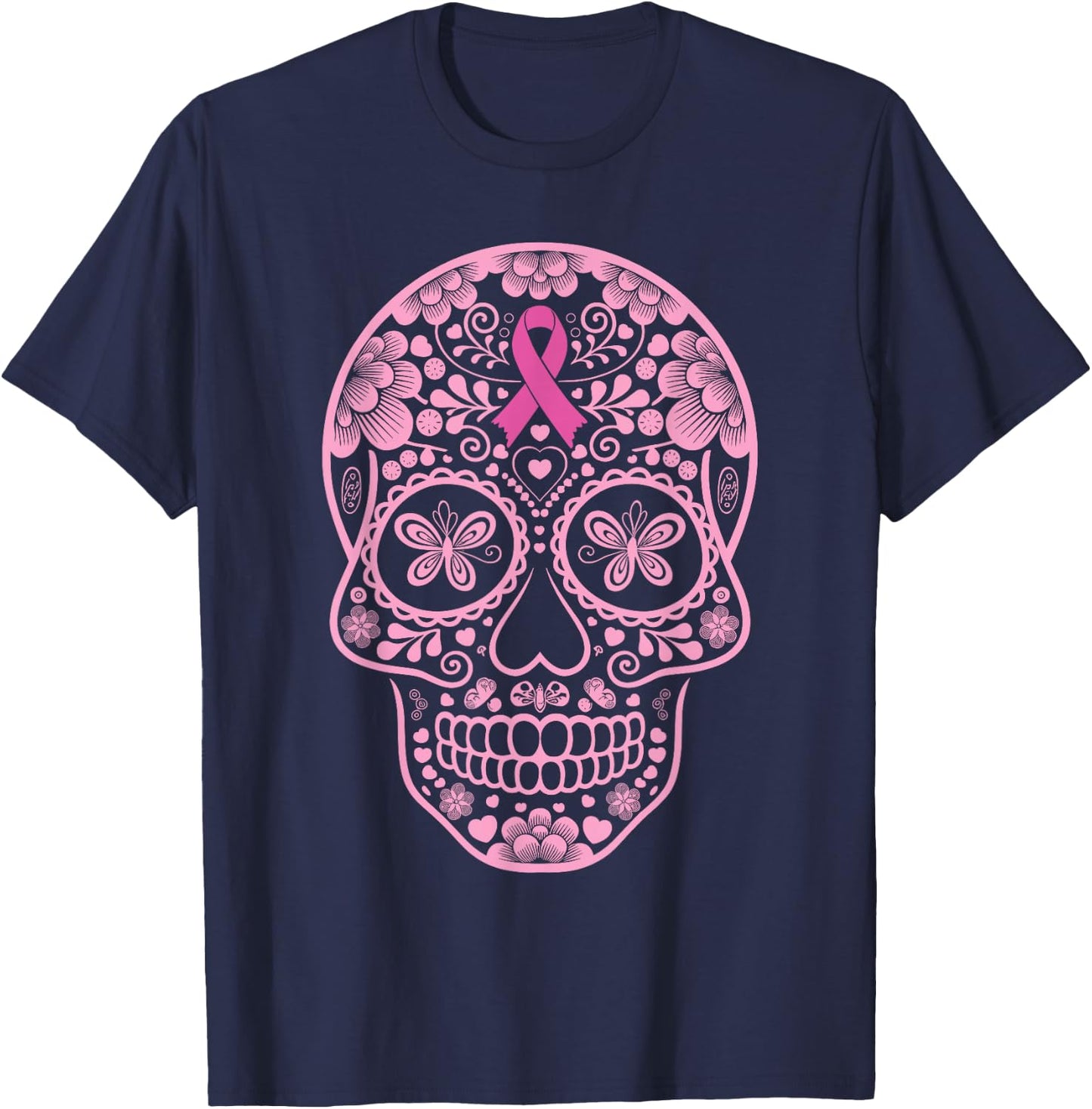 Sugar Skull Pink Ribbon Calavera Breast Cancer Awareness T-Shirt - T-Shirt | Navy