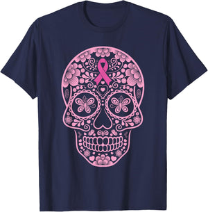 Sugar Skull Pink Ribbon Calavera Breast Cancer Awareness T-Shirt - T-Shirt | Navy