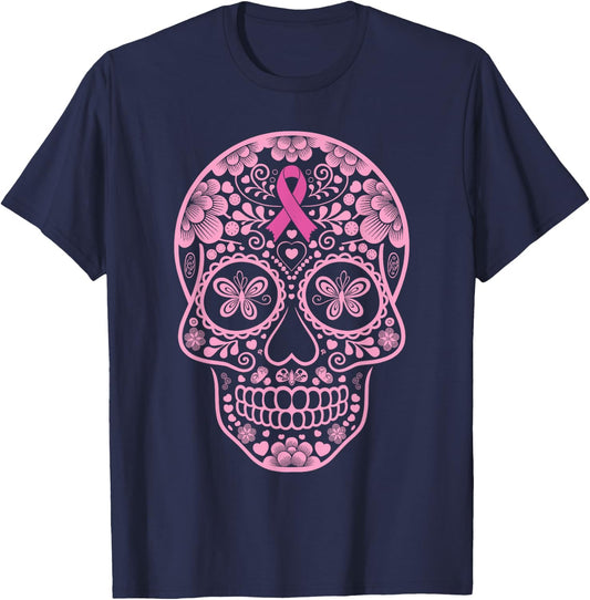 Sugar Skull Pink Ribbon Calavera Breast Cancer Awareness T-Shirt - T-Shirt | Navy