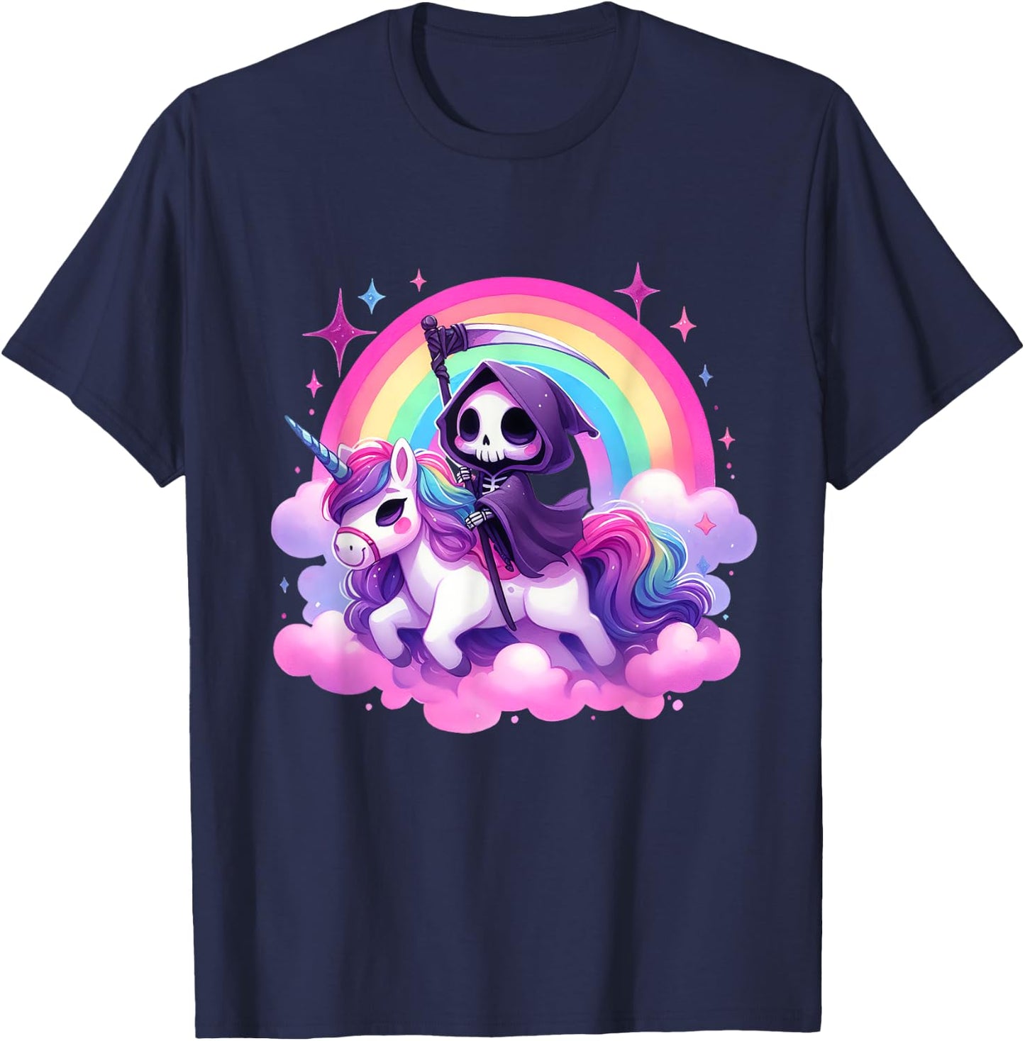 Funny Humor Rainbow Gothic Grim Reaper Riding Unicorn Kids T-Shirt - T-Shirt | Navy
