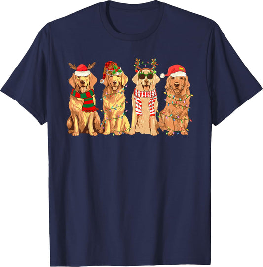 Funny Dogs Golden Retriever Christmas Xmas Lights Dog Lover Men Women Kids T-Shirt - T-Shirt | Navy