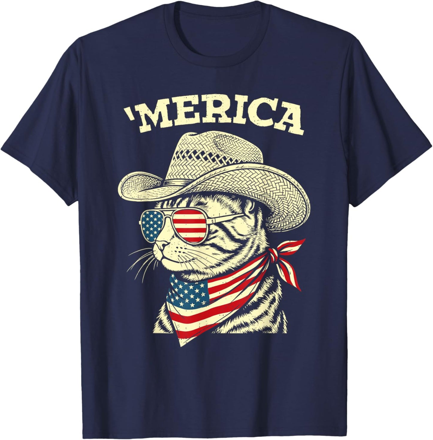 Funny USA Merica Cat 4th of July Patriotic America Men Women T-Shirt - T-Shirt | Navy