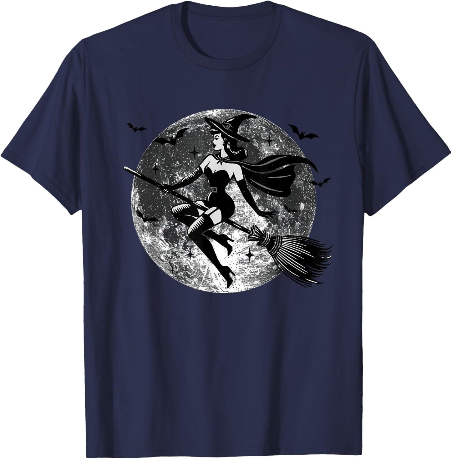 Retro Vintage Sexy Witch on the Broom Moon Halloween T-Shirt - T-Shirt | Navy