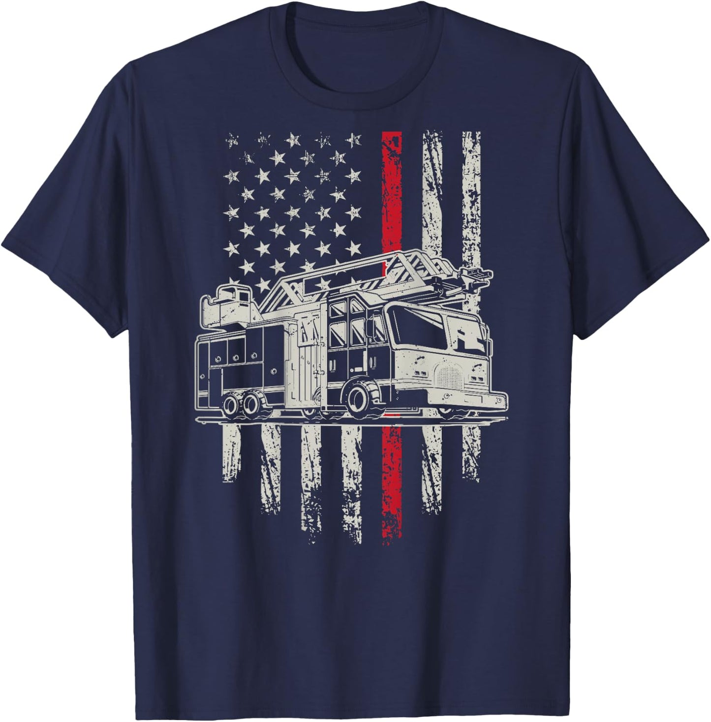 USA Flag Firefighter 4th Of July Patriotic Design On Back T-Shirt - T-Shirt | Navy