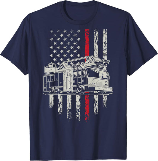 USA Flag Firefighter 4th Of July Patriotic Design On Back T-Shirt - T-Shirt | Navy