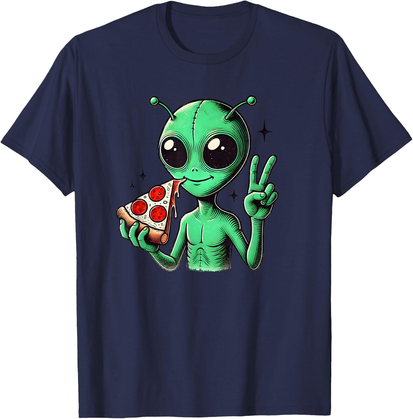 Funny Alien Head Eating Pizza UFO Extraterrestrial T-Shirt - T-Shirt | Navy