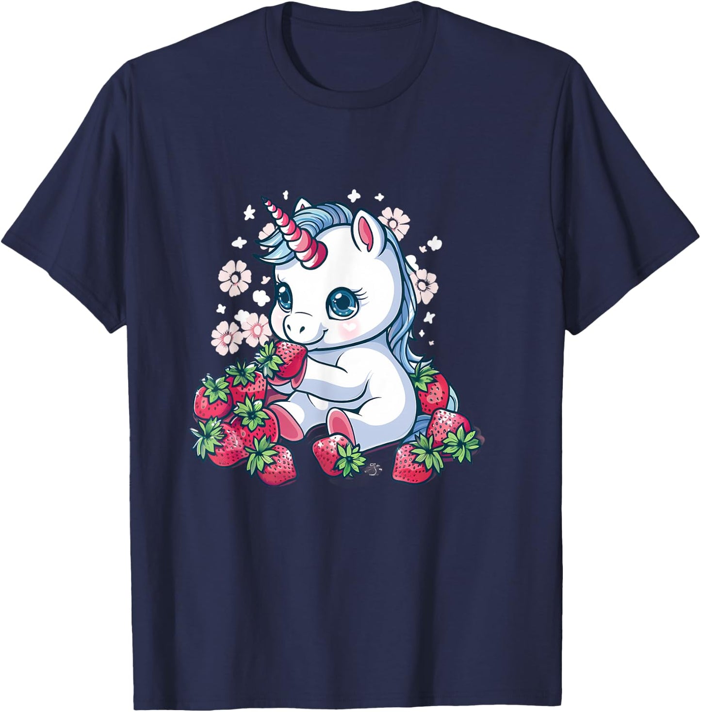 Strawberry Unicorn Cute Floral Strawberries Animal Print T-Shirt - T-Shirt | Navy
