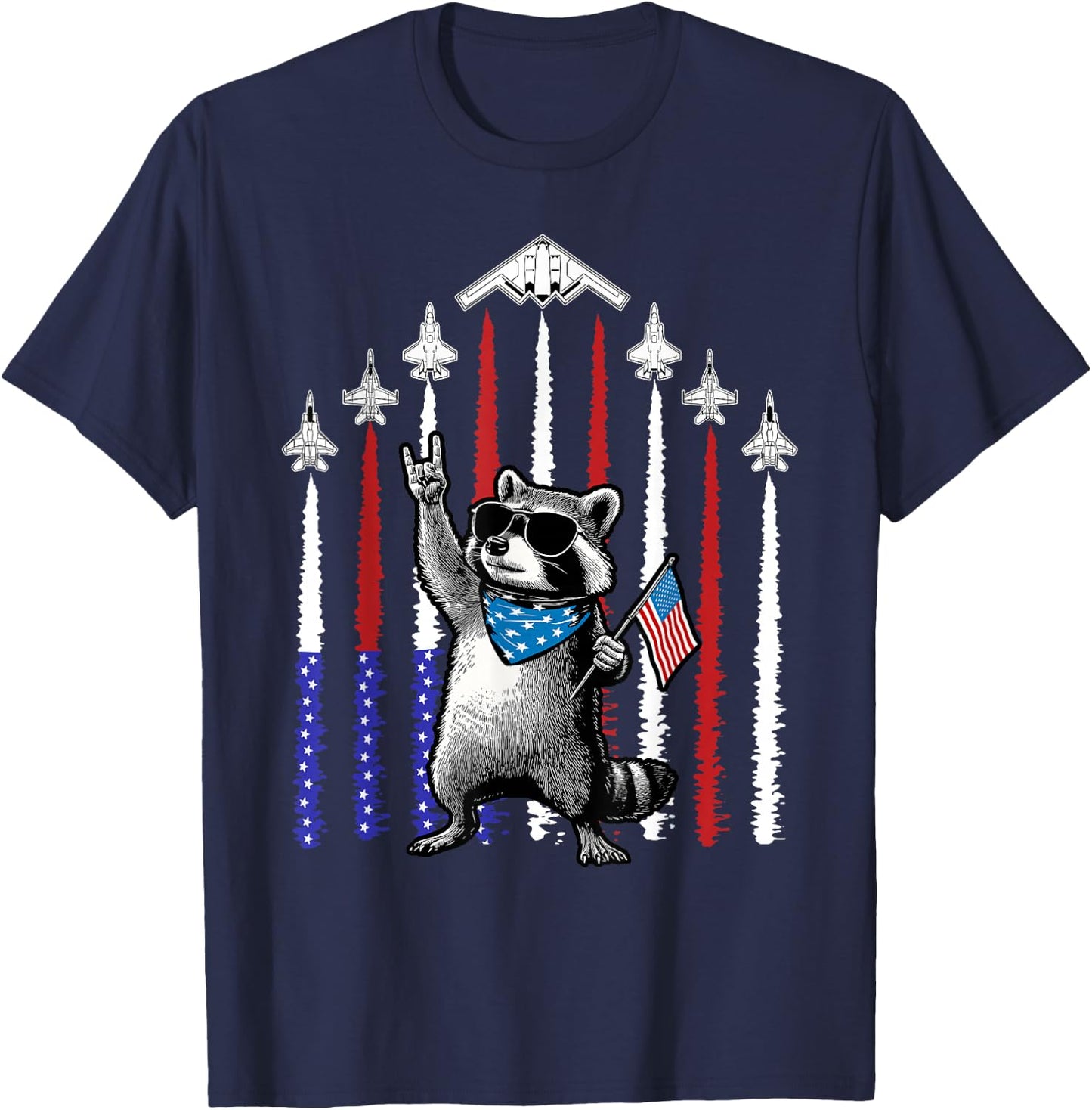 4th of July USA Flag Fighter Jets Raccoon Funny Patriotic T-Shirt - T-Shirt | Navy