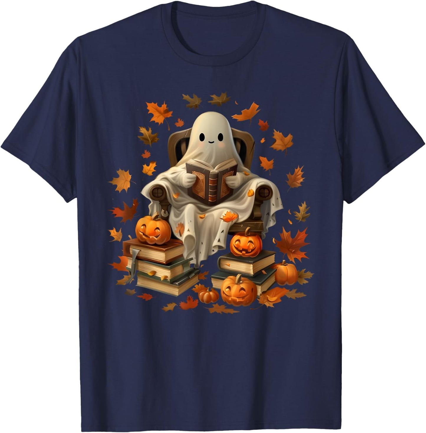 Vintage Ghost Book Reading Pumpkin Gothic Halloween Teachers Men Women Kids T-Shirt - T-Shirt | Navy